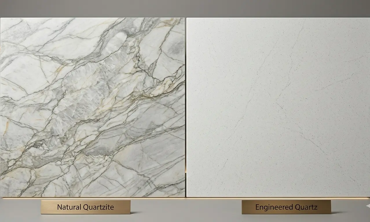 Zermatt quartzite outdoor stone natural slab compared to engineered quartz showing geological difference