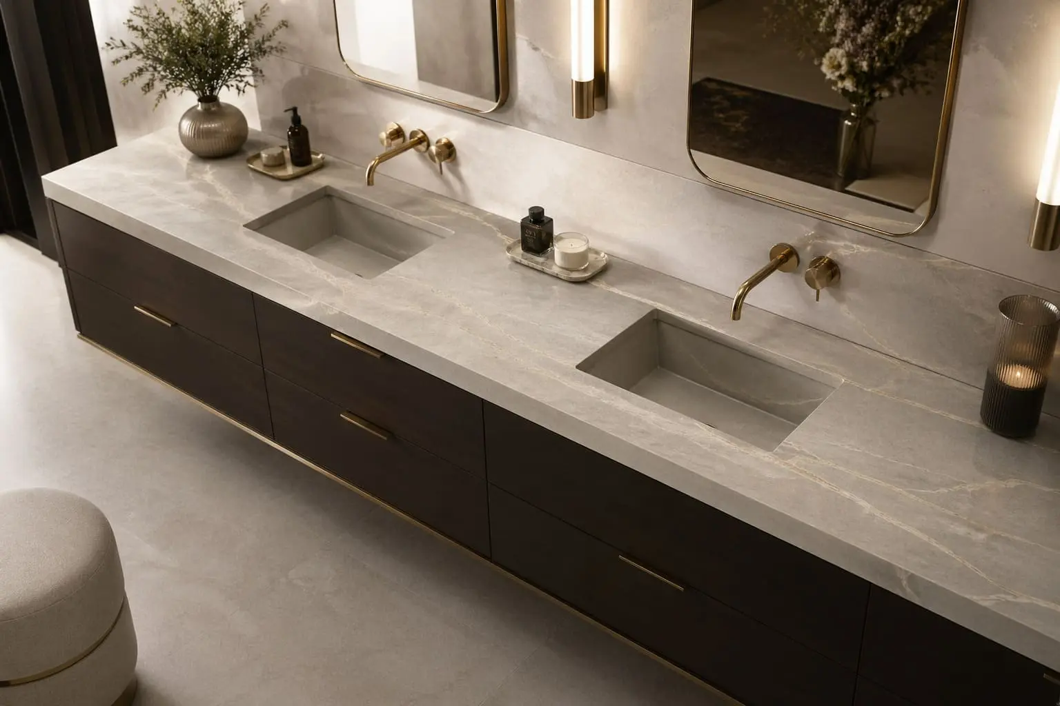 Allure Quartzite matte slab used as a double bathroom vanity countertop with undermount sinks
