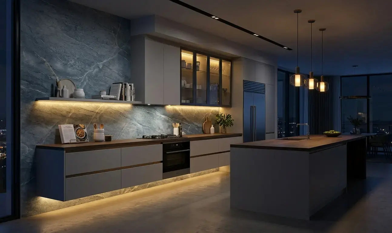 Large-format Allure Quartzite leathered stone slab for accent wall and backsplash application