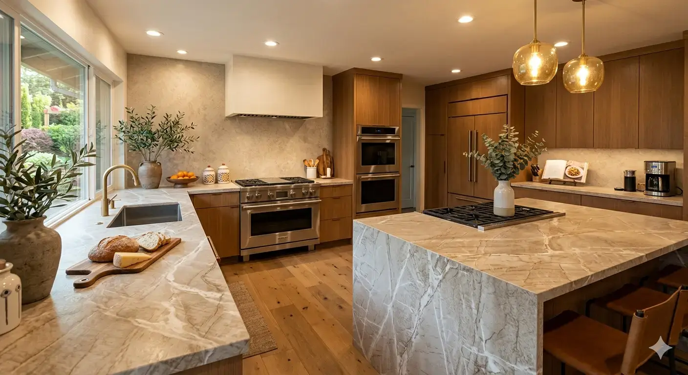 Leathered quartzite kitchen countertop with intricate white veining and warm beige stone background