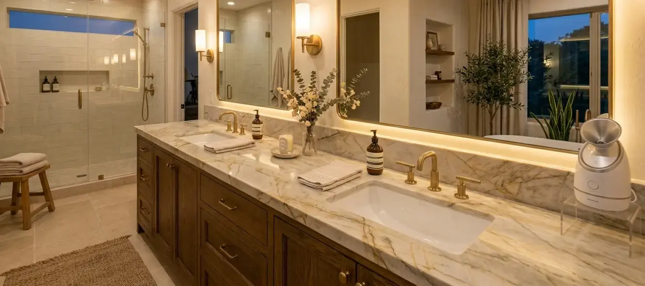 Conceptual rendering of Allure Quartzite leathered slab used as a bathroom vanity