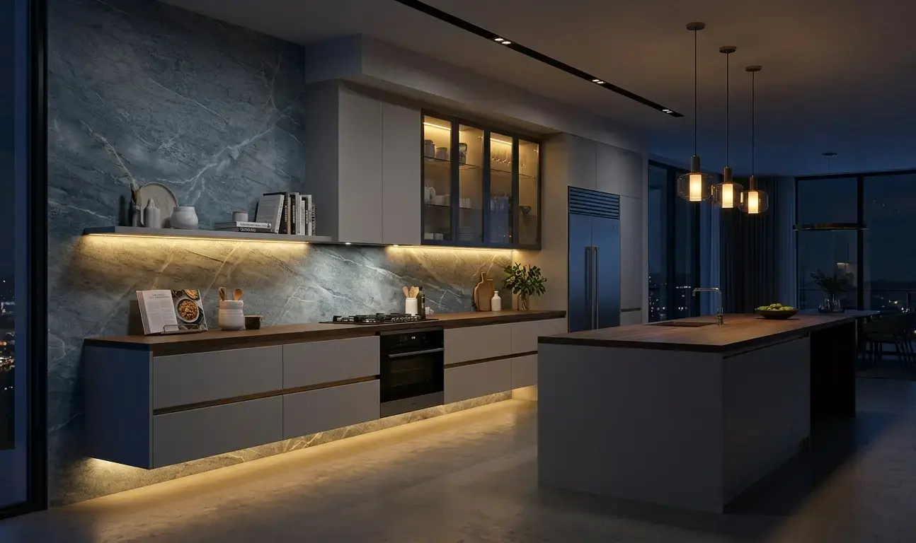 Allure quartzite accent wall and backsplash