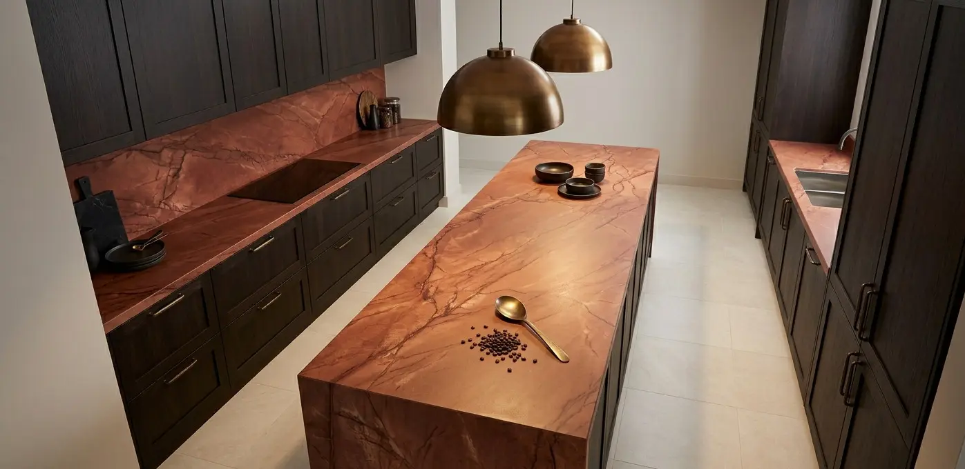 Red quartzite kitchen island countertop