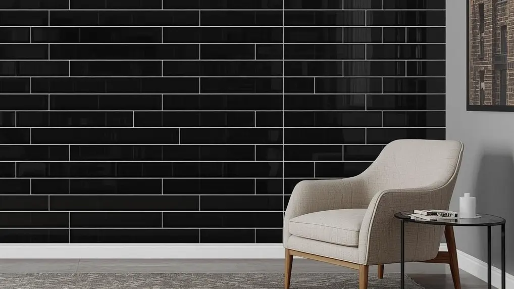 Black glass subway tile accent wall with glossy finish in a modern living room setting