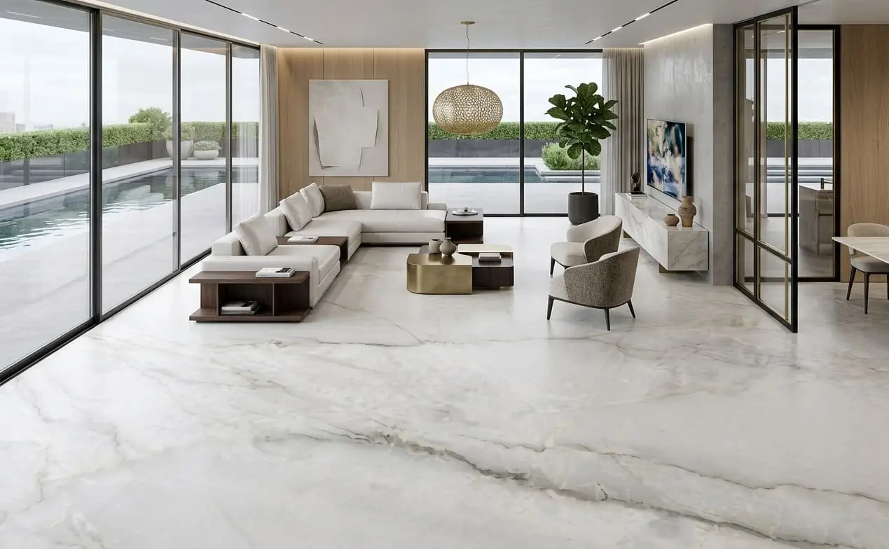 Polished Allure white quartzite floor in a luxury modern interior
