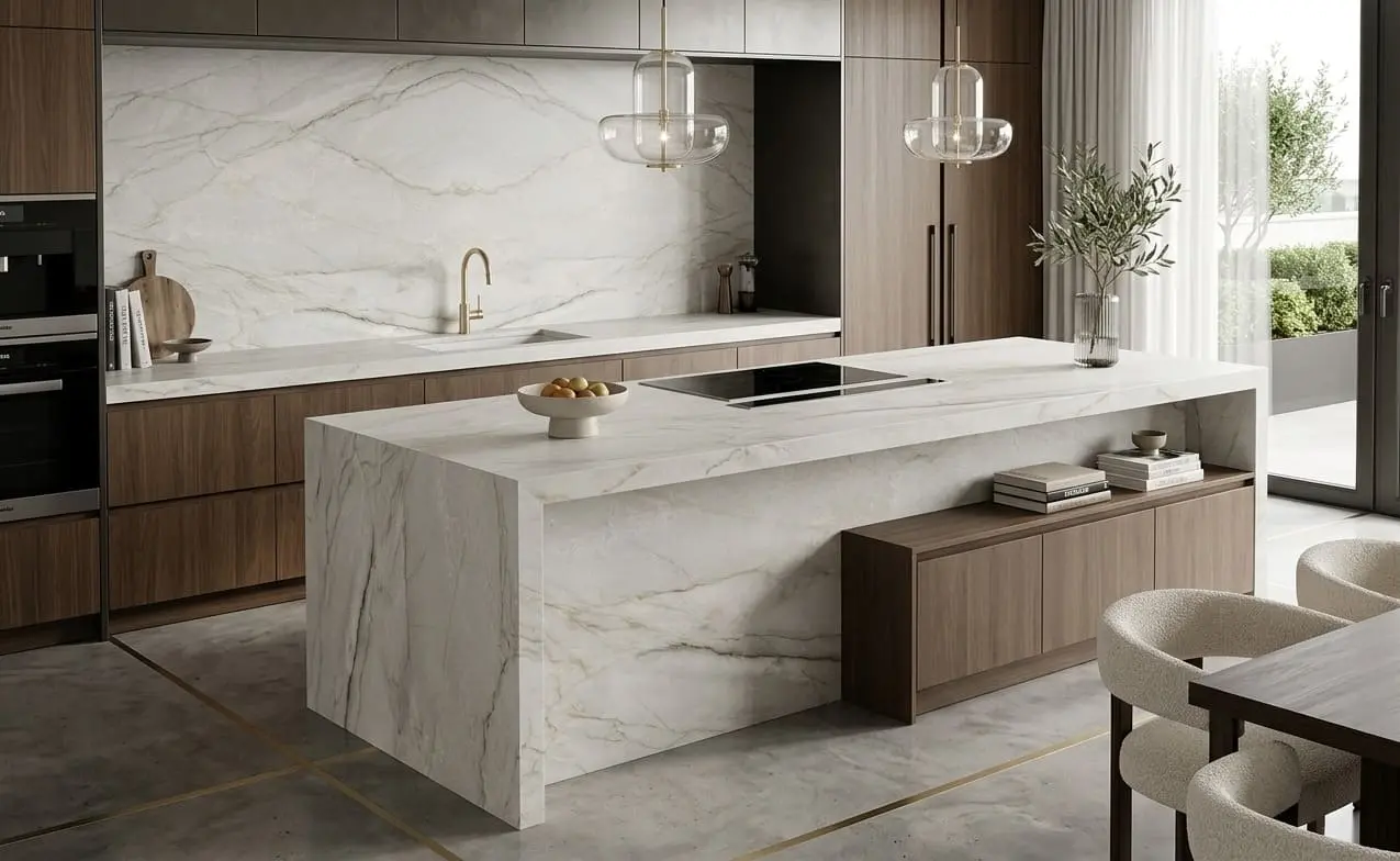 Kitchen backsplash and waterfall island made of white quartzite stone