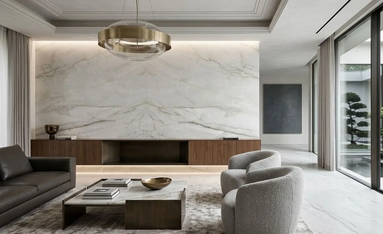 Modern living room with Allure white quartzite accent wall