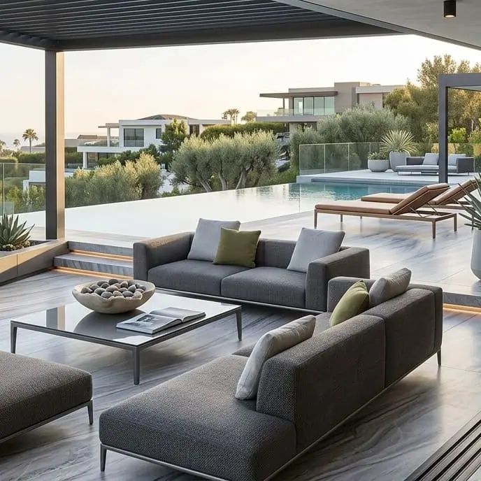 Modern outdoor patio features Allure gray quartzite flooring