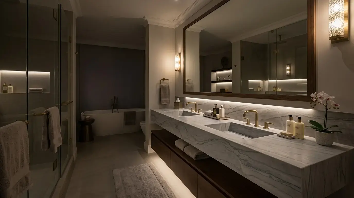 Allure Quartzite honed bathroom vanity with gray-blue veining undertones
