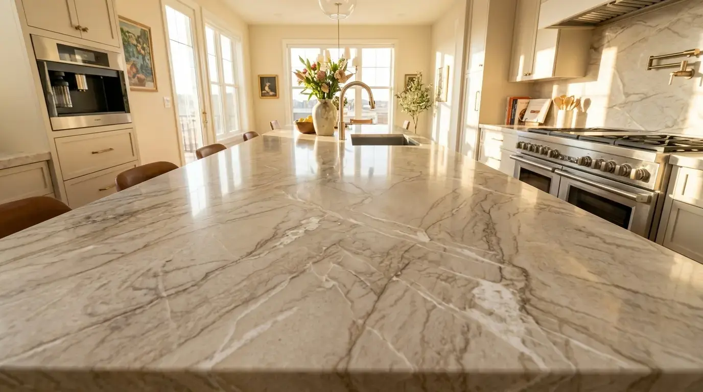 Close-up of Allure Quartzite with rare white crystalline veins on cream-beige surface