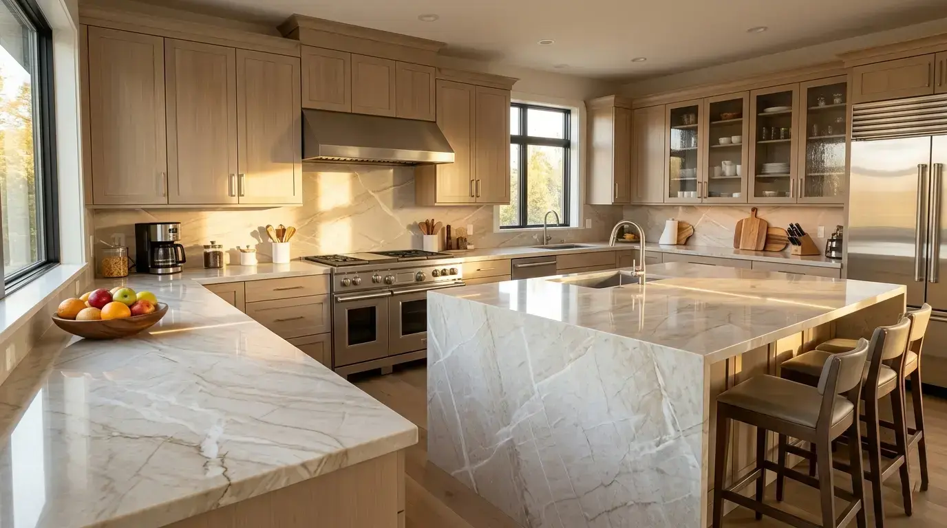 Allure Quartzite polished kitchen countertop with rare white crystalline veins on cream-beige background 