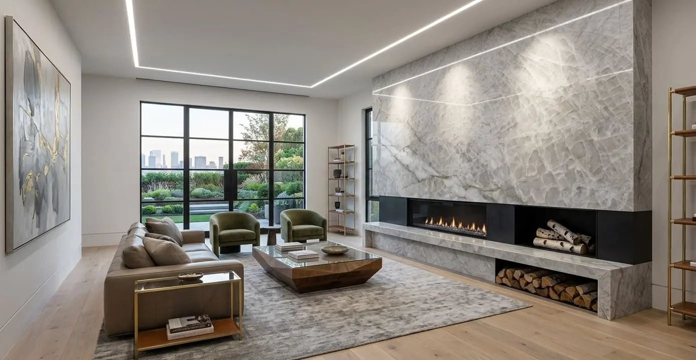 Conceptual rendering of a living room with Allure Quartzite fireplace surround
