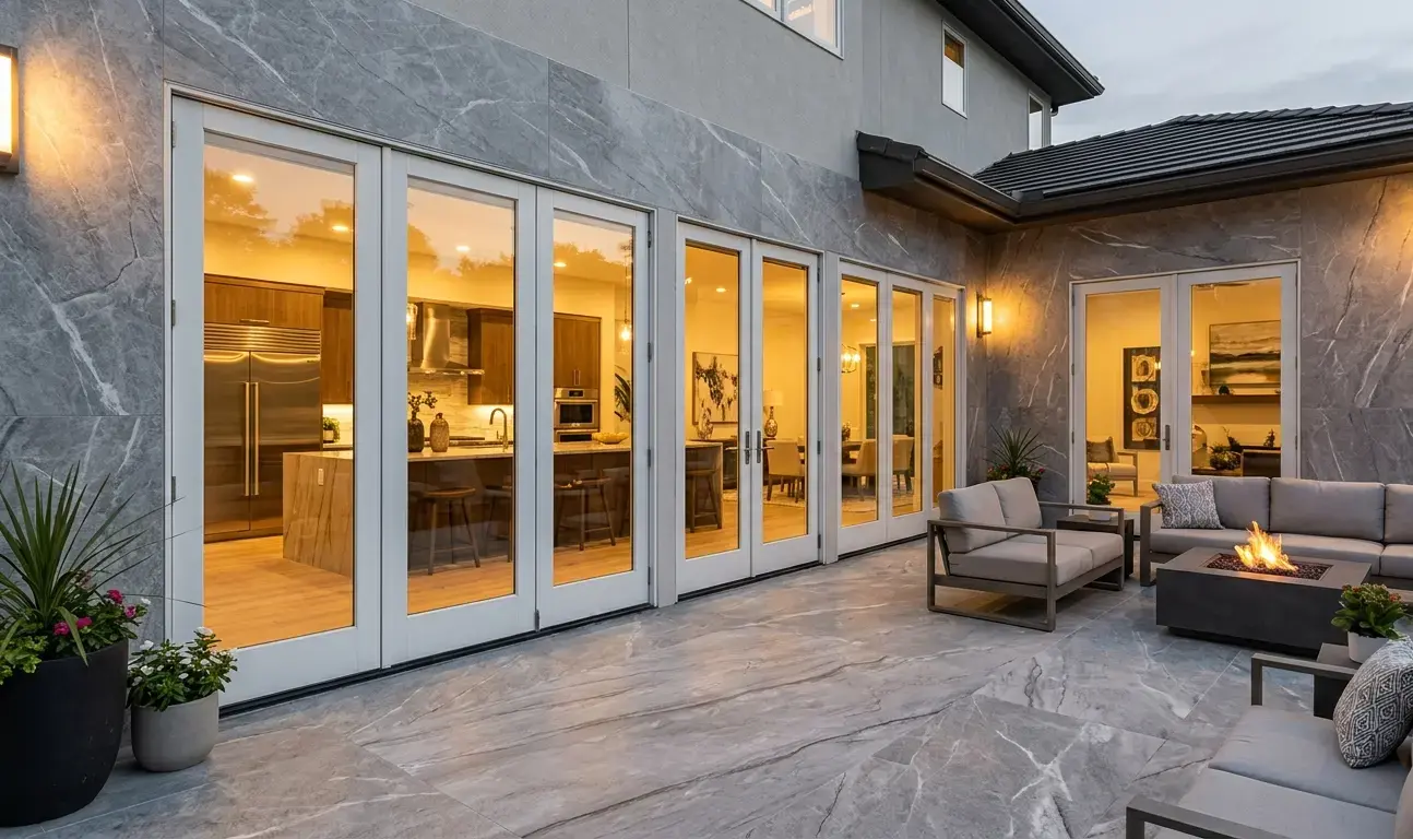 Outdoor patio wall cladding and flooring using Allure Quartzite Honed slabs