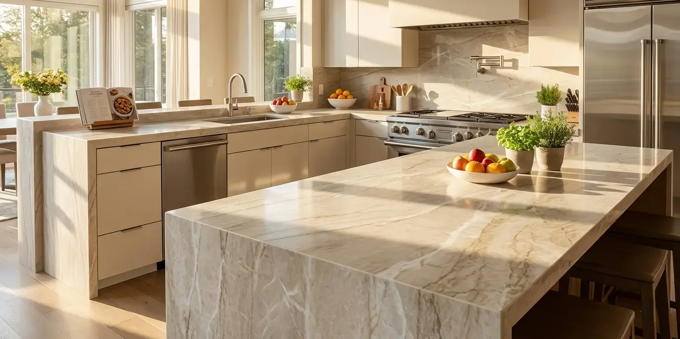 Kitchen countertop and island in Allure Quartzite honed slabs with beige tones and white veining