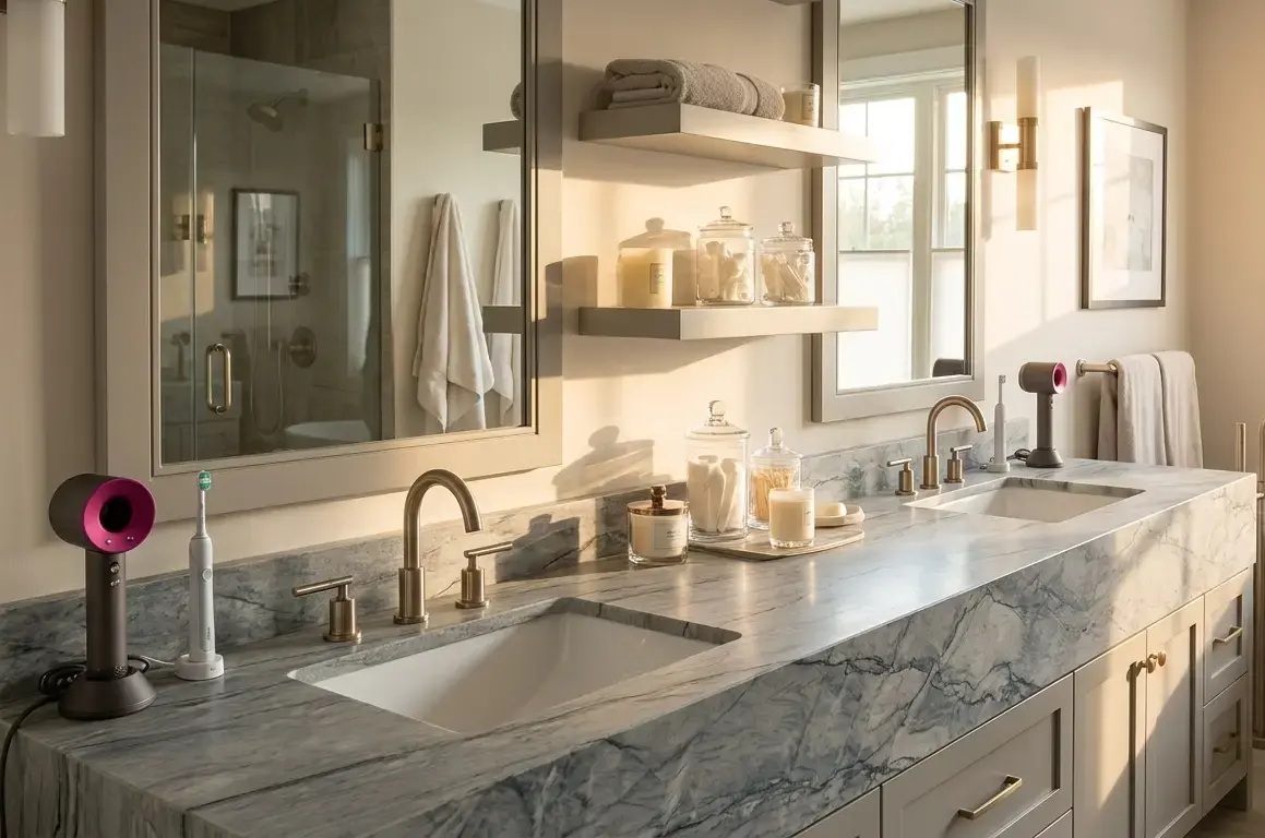 Bathroom vanity surface in Allure Quartzite Honed natural stone with gray and blue secondary tones