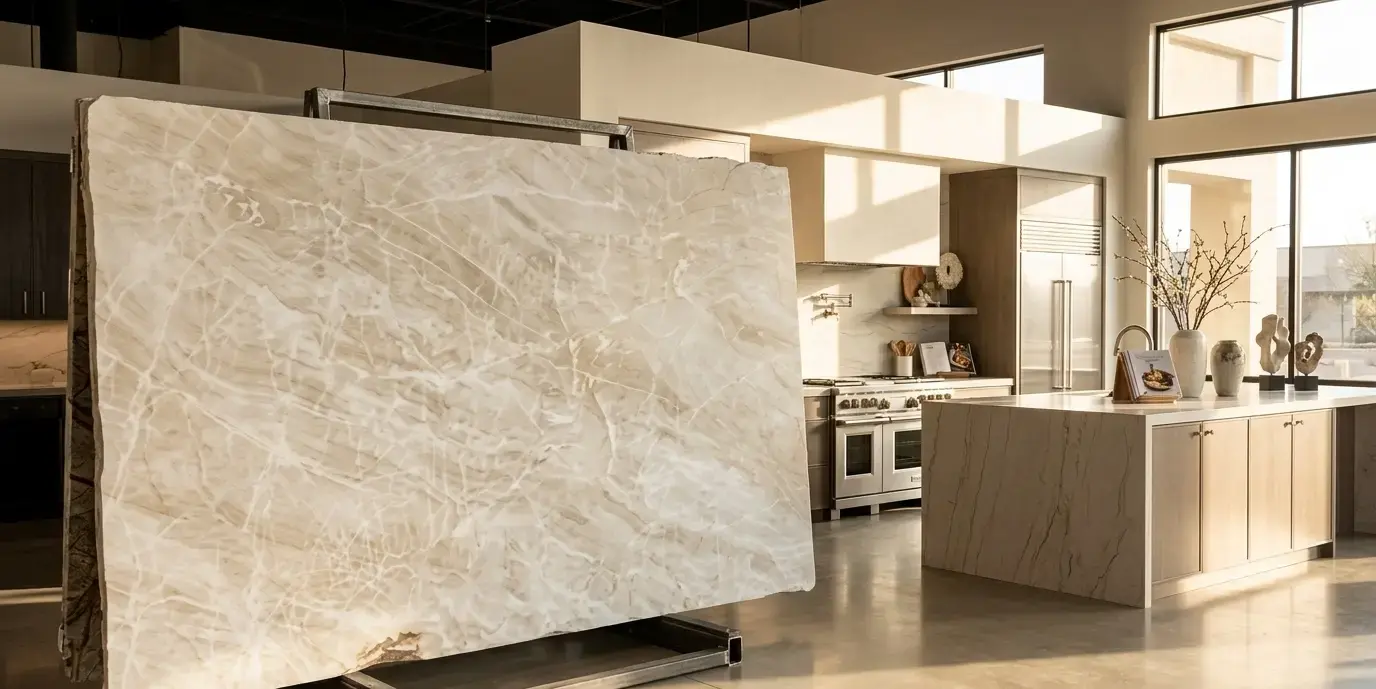 Allure Quartzite Honed Slab with beige-cream base and white crystalline veining on full slab view