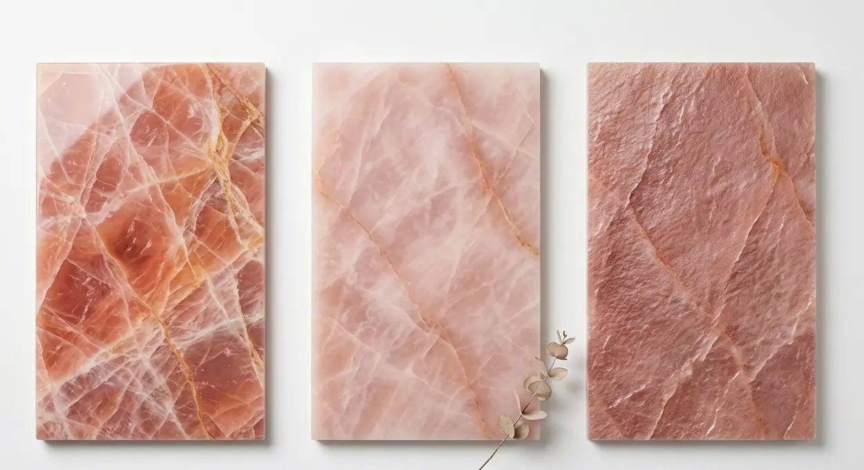 Rose Quartzite finish comparison flat lay polished honed and leathered samples on white background
