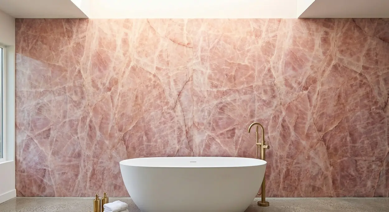Rose Quartzite bookmatched wall installation in a luxury primary bathroom behind freestanding tub