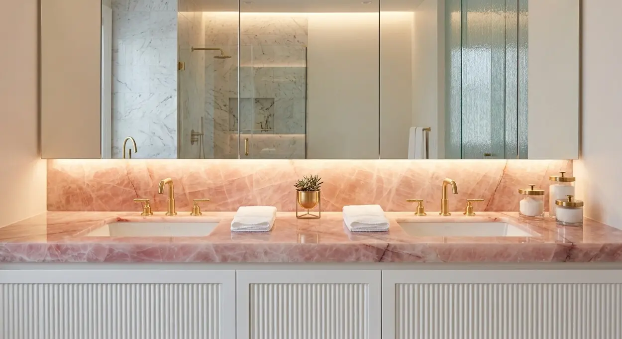 Rose Quartzite bathroom vanity with polished gold faucets and white fluted floating cabinet