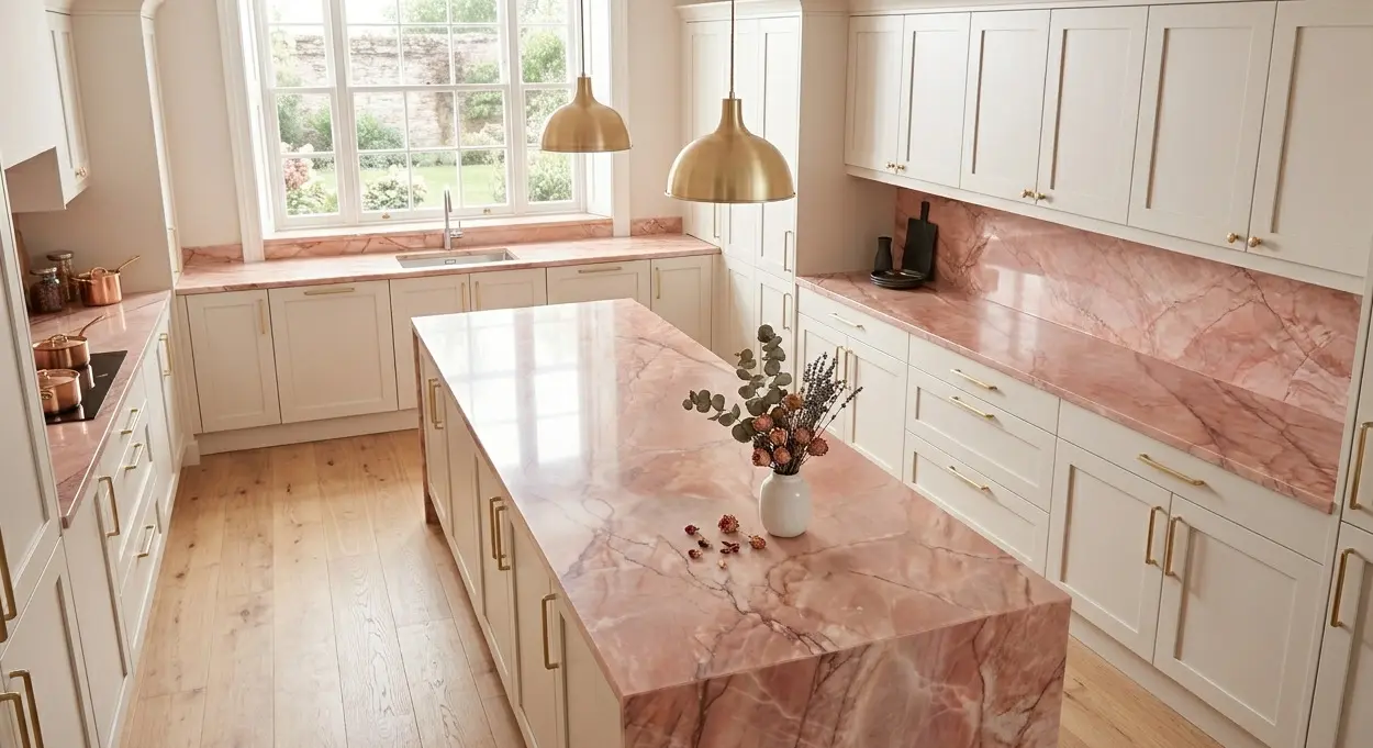 Rose Quartzite kitchen island countertop with white shaker cabinetry and brushed gold hardware