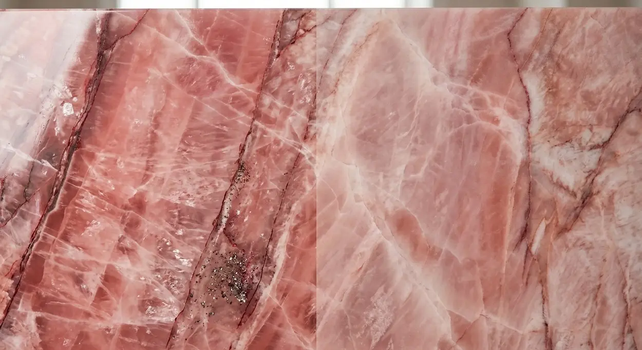 Rose Quartzite slab surface showing polished and honed finish comparison in close-up detail