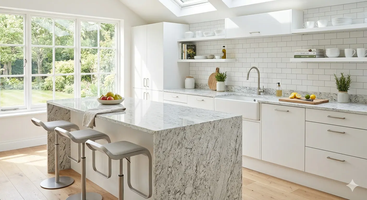 White granite kitchen countertop
