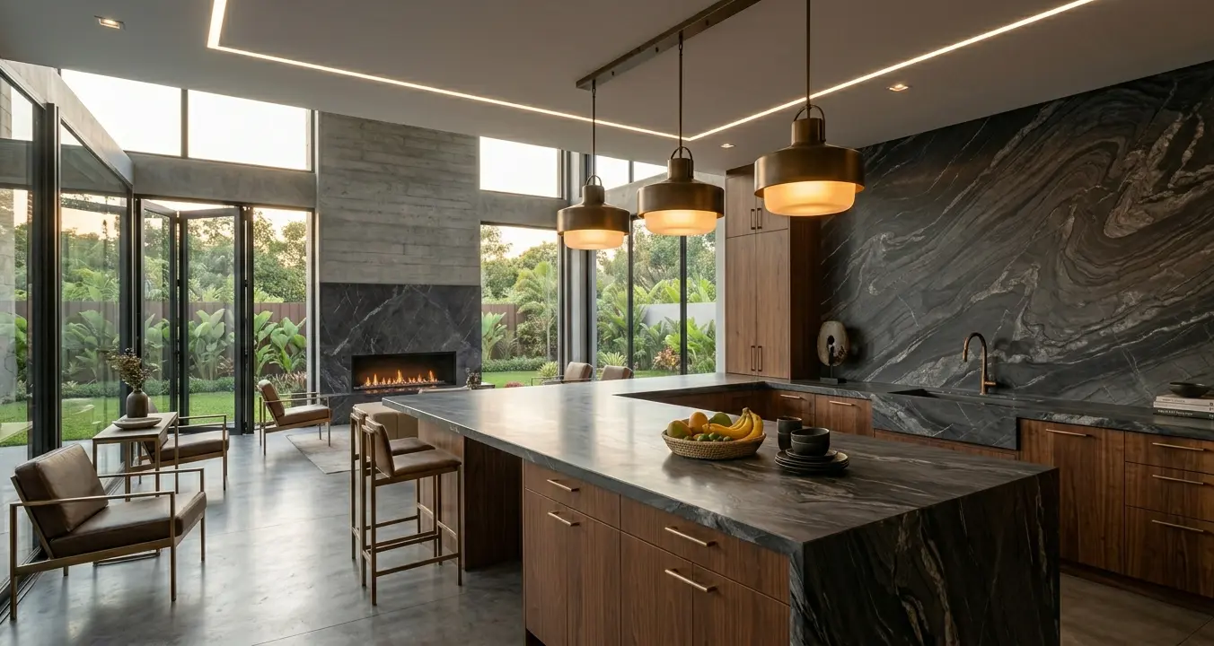 Dark Gray Marble honed countertop with warm wood cabinetry in modern luxury kitchen