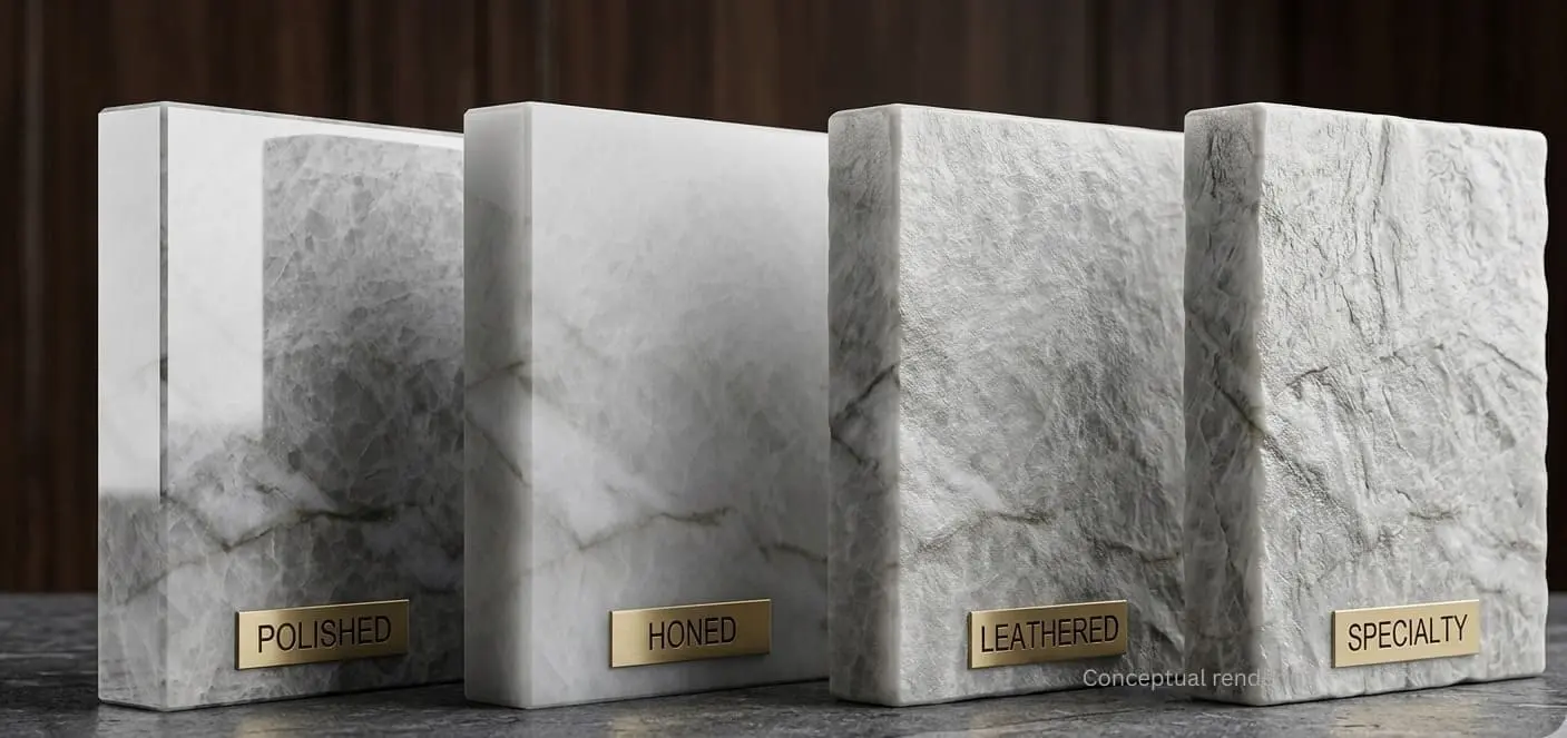 Conceptual rendering of four different Allure quartzite surface finishes