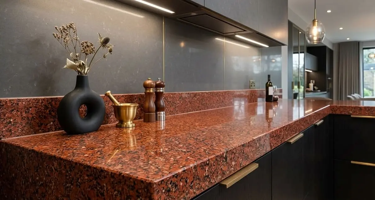 Imperial red granite kitchen countertop and backsplash in modern kitchen