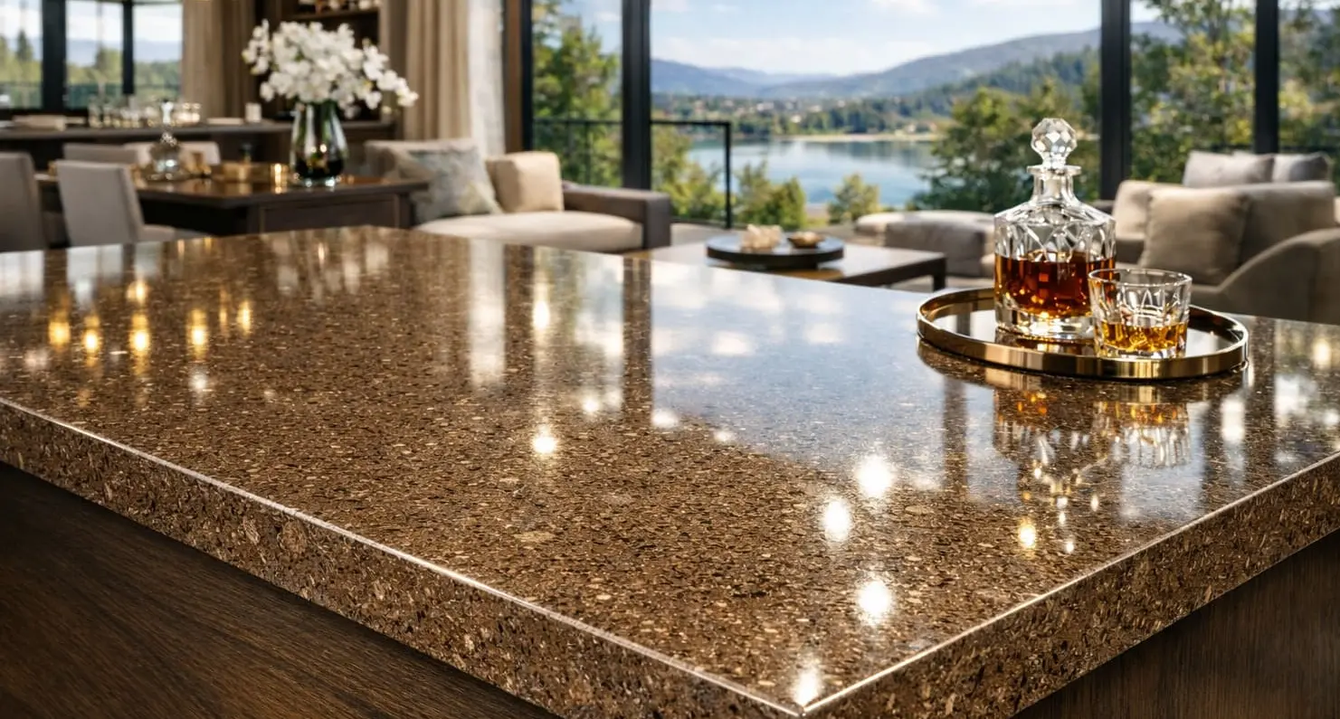 Brown porcelain countertop with reflective finish
