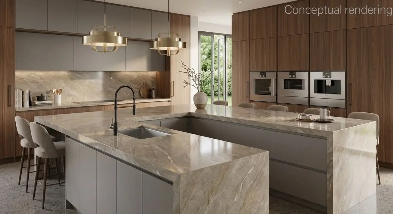 Conceptual rendering of Luxury kitchen with Allure quartzite kitchen countertops
