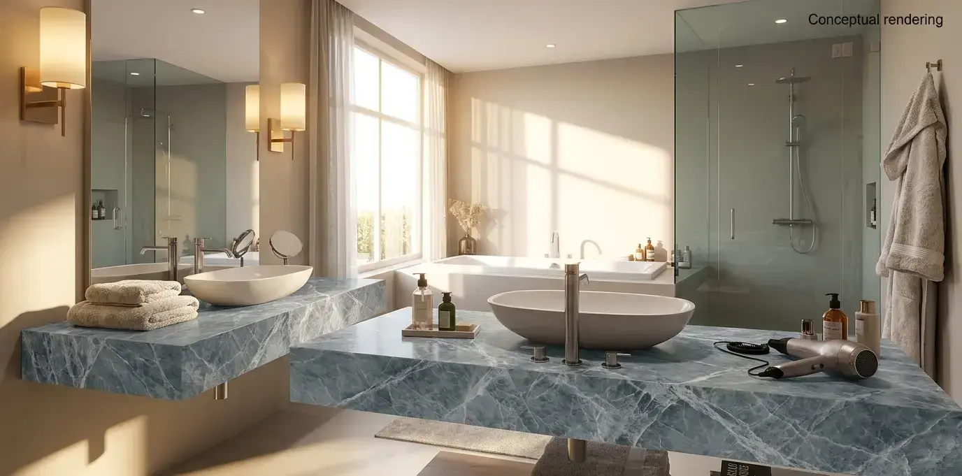 Conceptual rendering of a honed Allure Quartzite vanity top featuring intricate crystalline white veining