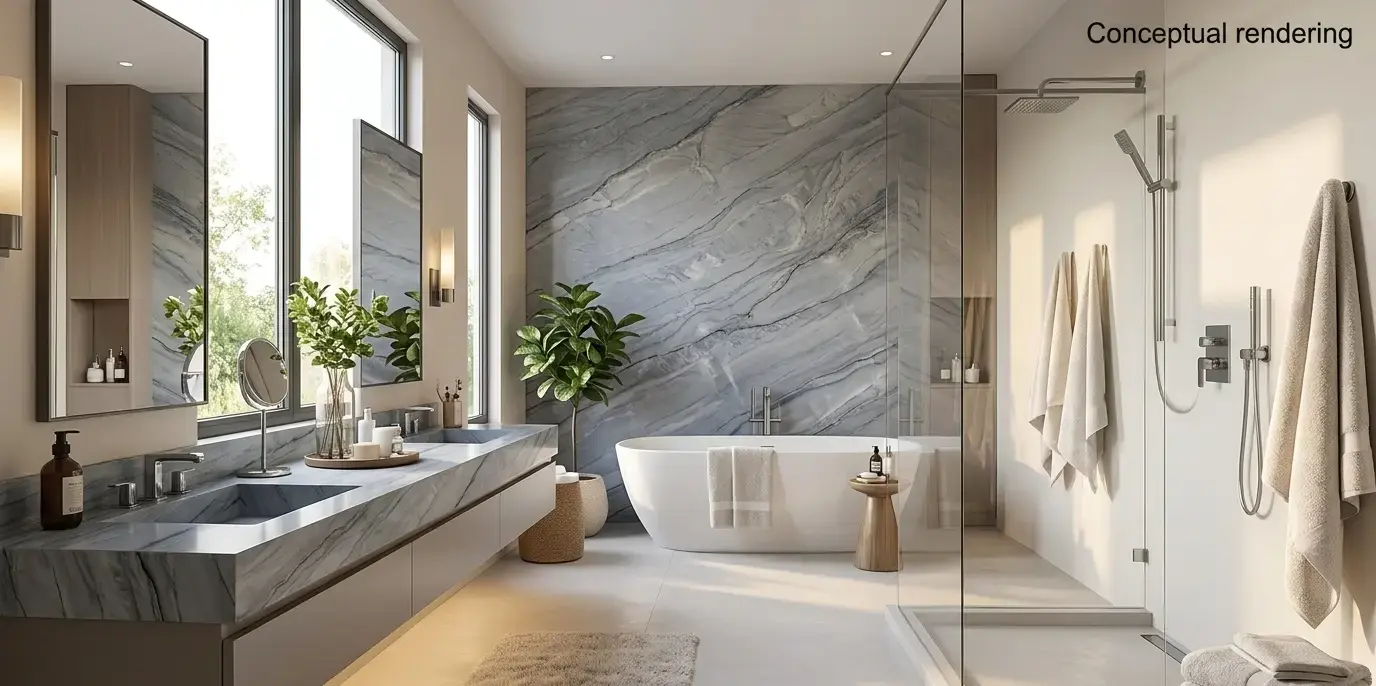 Conceptual rendering of a rare Allure Quartzite bathroom slab with gray and blue secondary tone detail