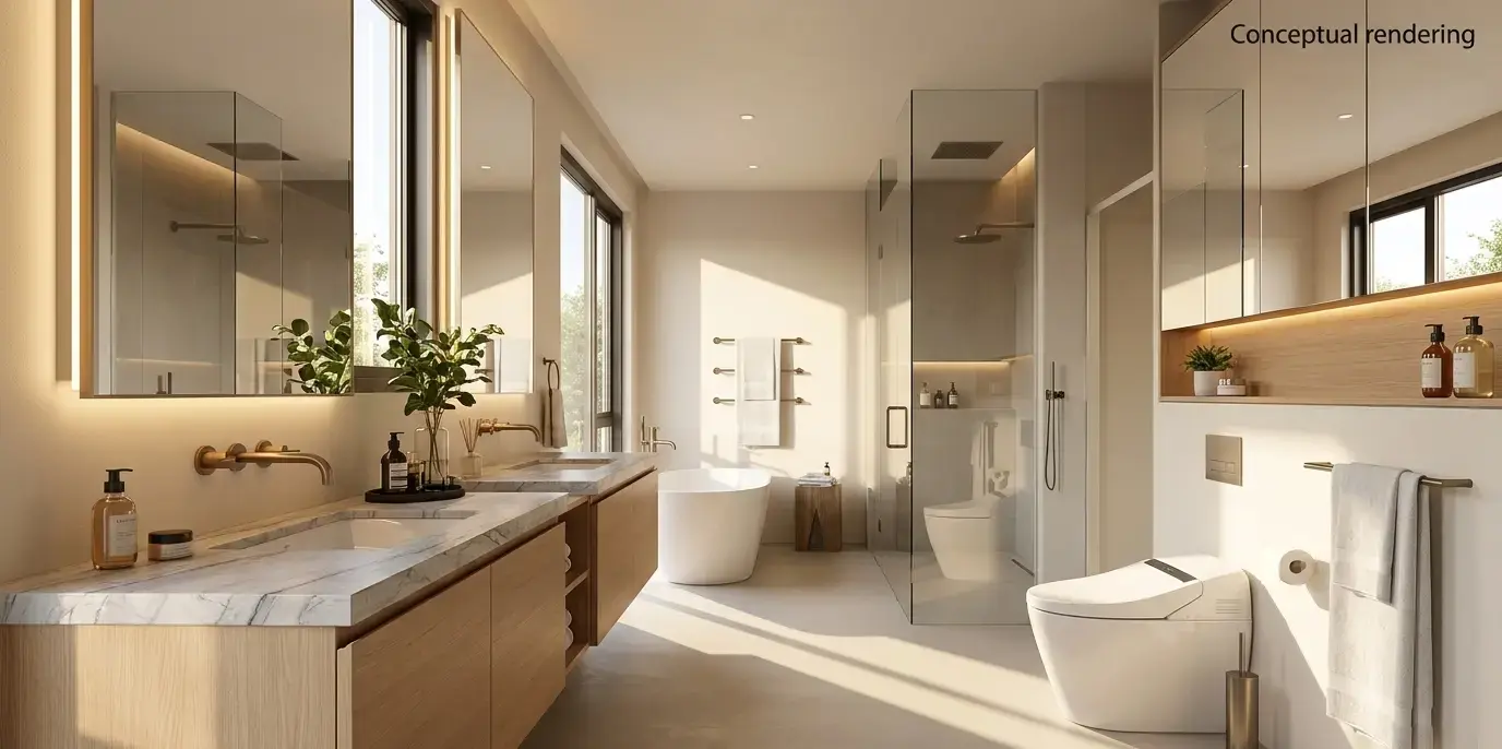 Modern bathroom vanity with Allure Quartzite countertop in cream and beige tones