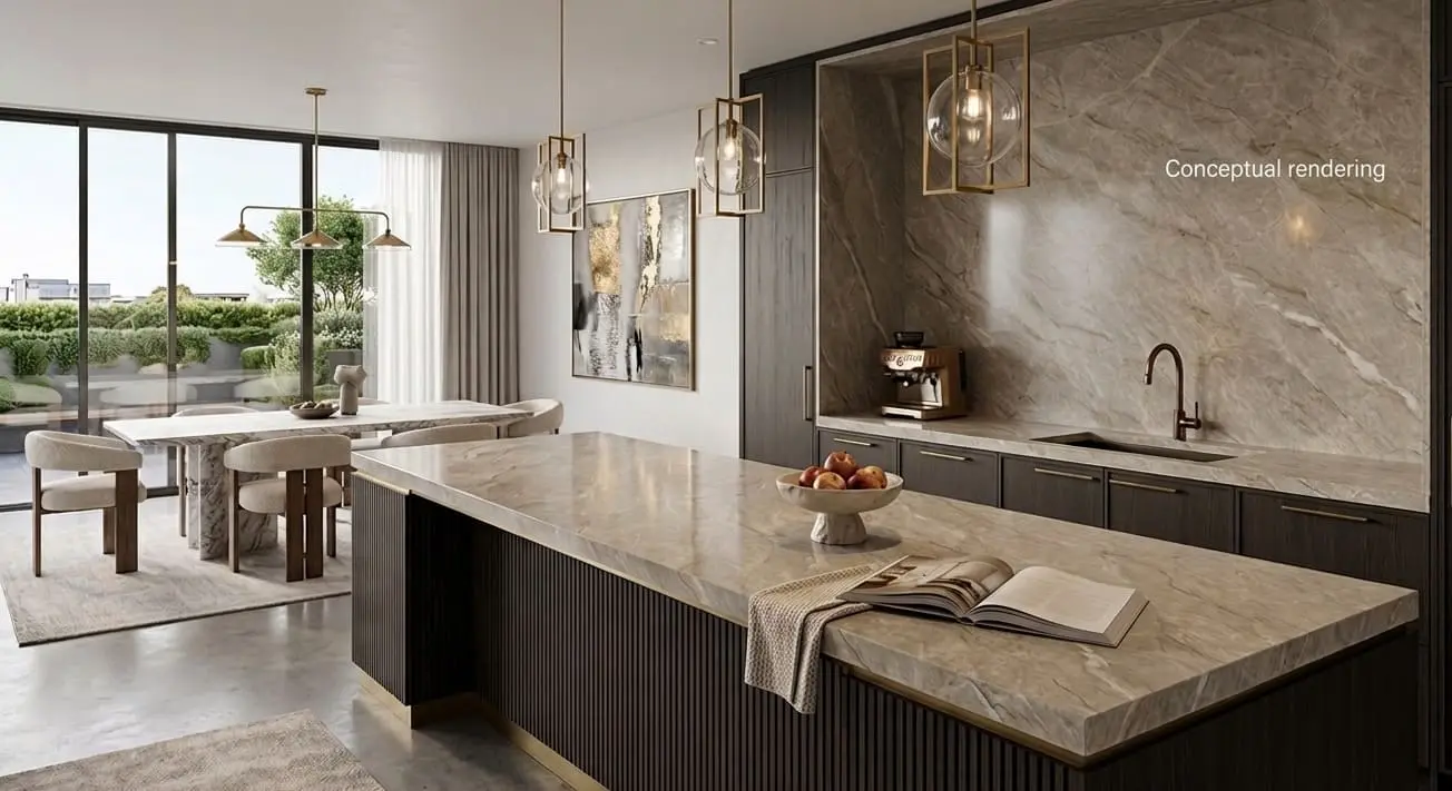 Conceptual rendering of Allure quartzite kitchen countertops in a modern kitchen with dark cabinets
