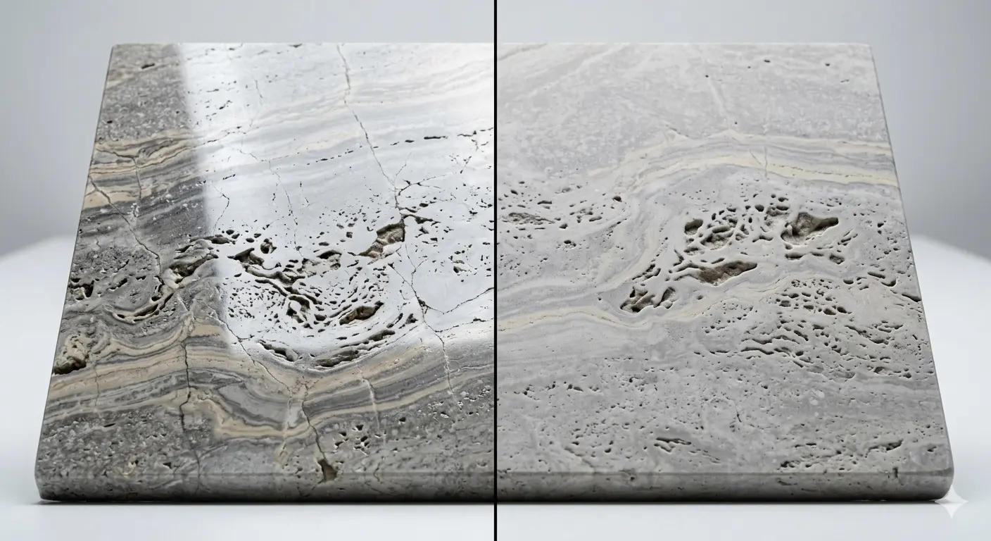Silver Travertine slab close-up showing natural void pattern and polished honed finish detail