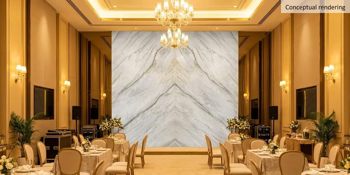 Conceptual rendering of a book-matched Allure Quartzite feature wall panel in a luxury function hall setting