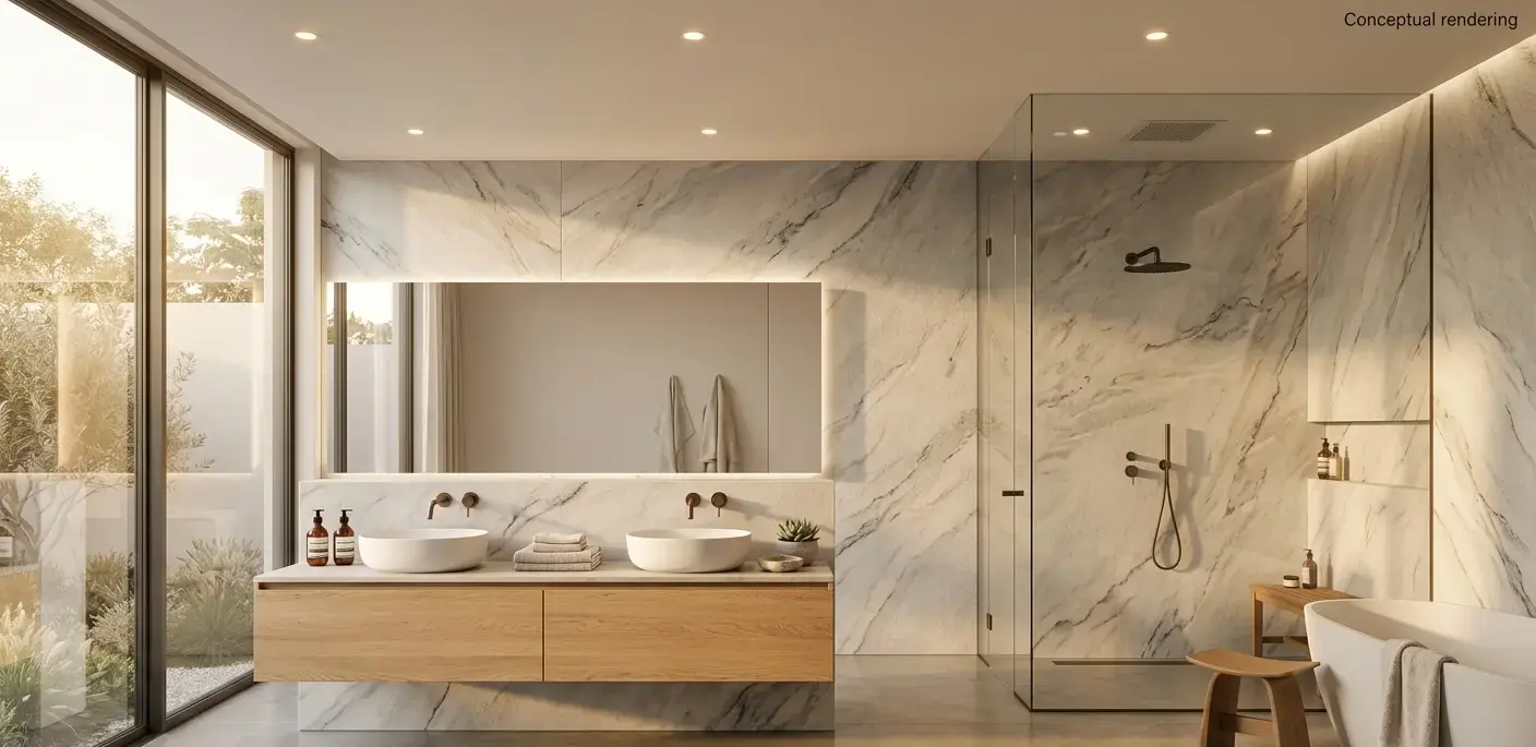 Conceptual rendering of a leathered Allure Quartzite slab installed as a full-height bathroom wall surround