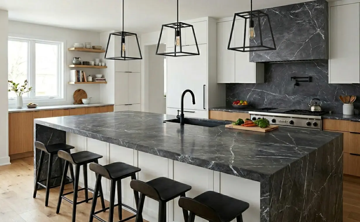 Dark grey marble countertop in modern kitchen