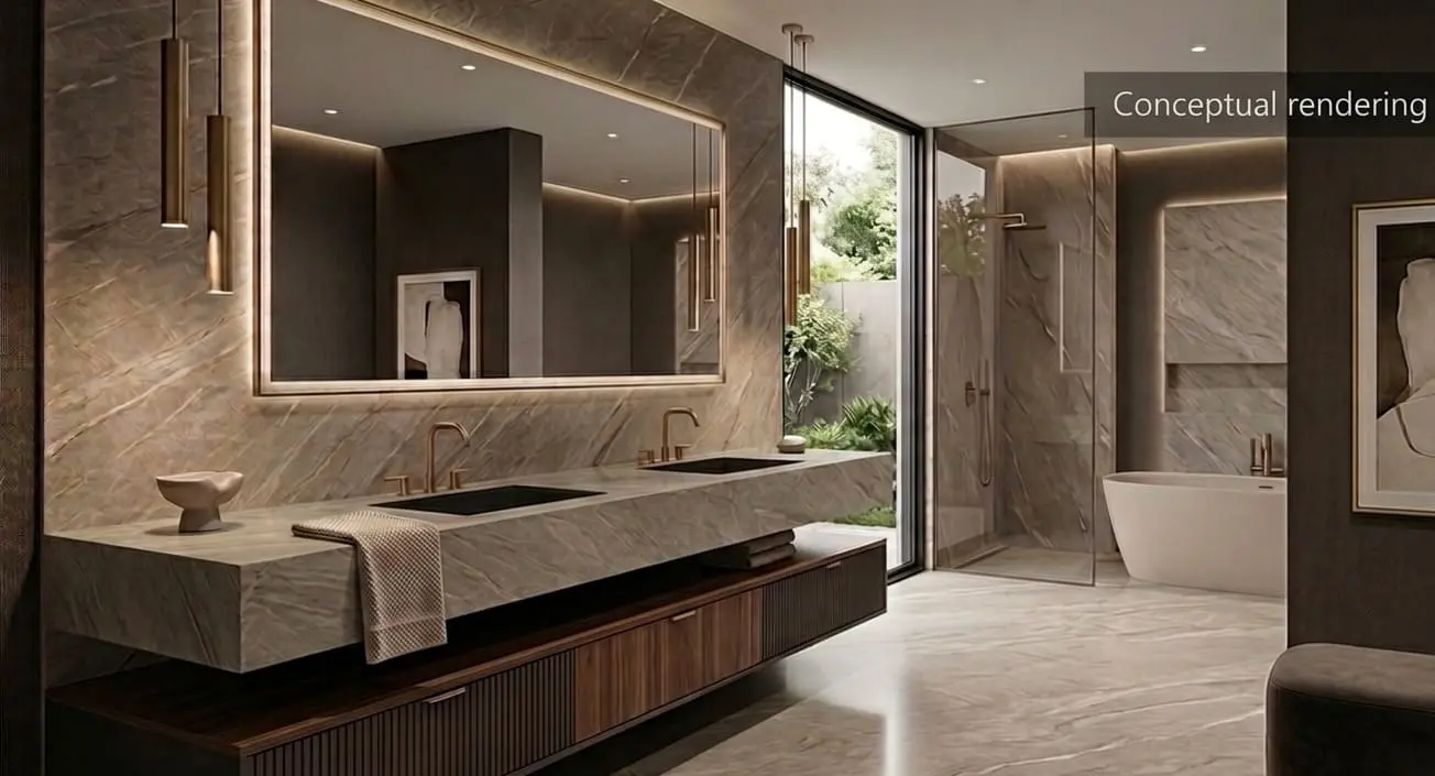 Conceptual rendering of modern bathroom with a large Allure quartzite vanity top