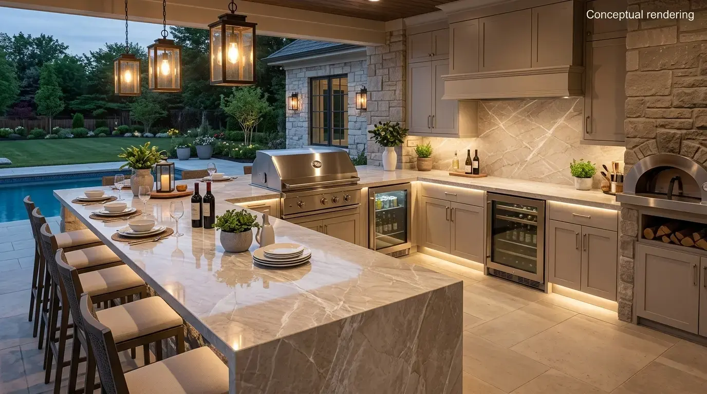 Conceptual rendering of a cream-beige Allure Quartzite outdoor kitchen countertop with white crystalline veining