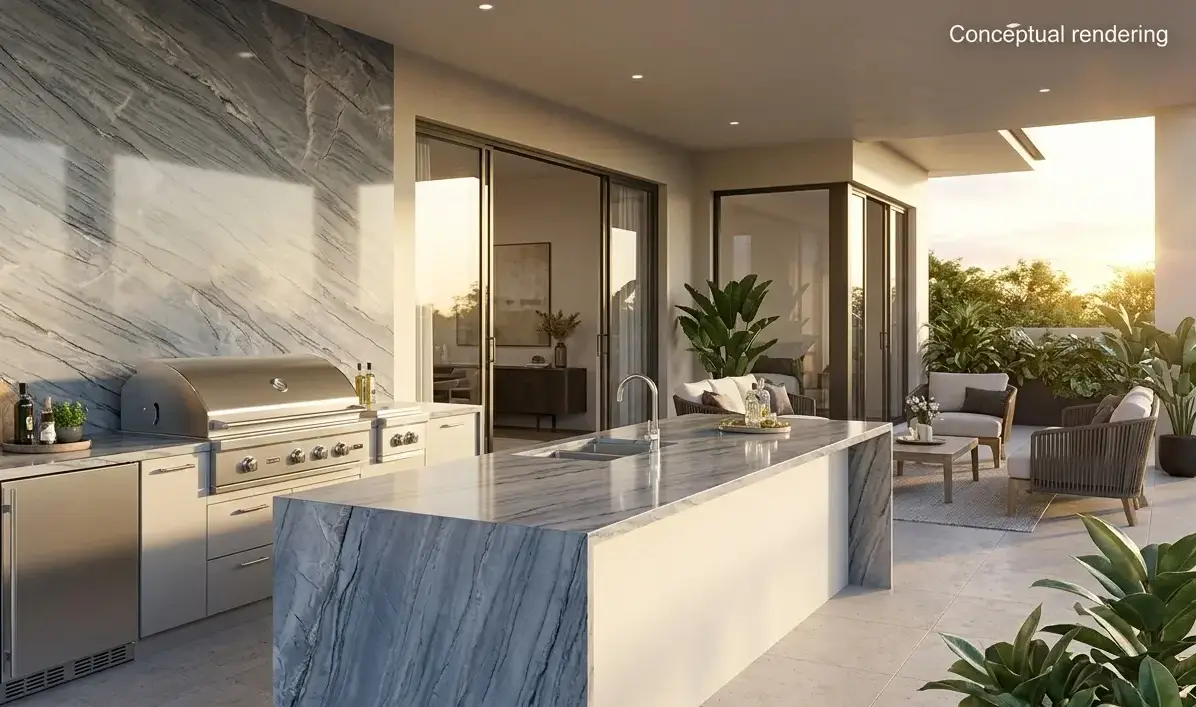 Conceptual rendering of a polished Allure Quartzite slab showing intricate gray and blue secondary tones