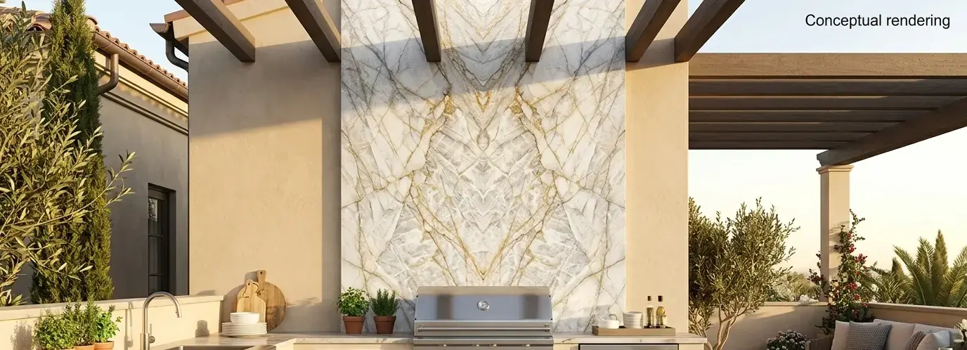 Conceptual rendering of a vertical Allure Quartzite kitchen wall panel with special-pattern crystalline veining