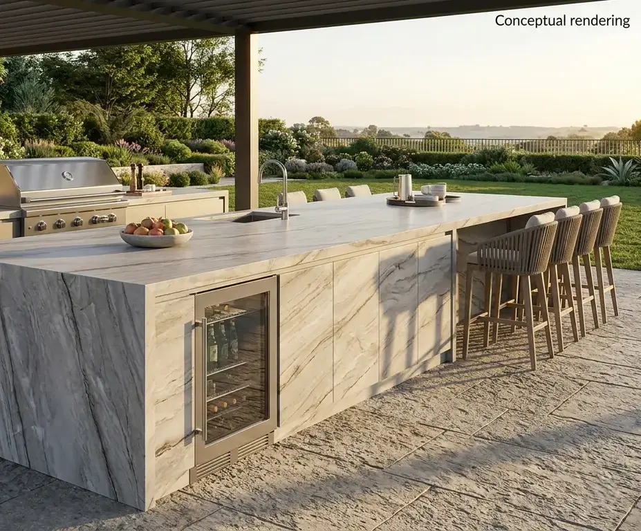 Conceptual rendering of a honed Allure Quartzite kitchen island with natural stone slab surface