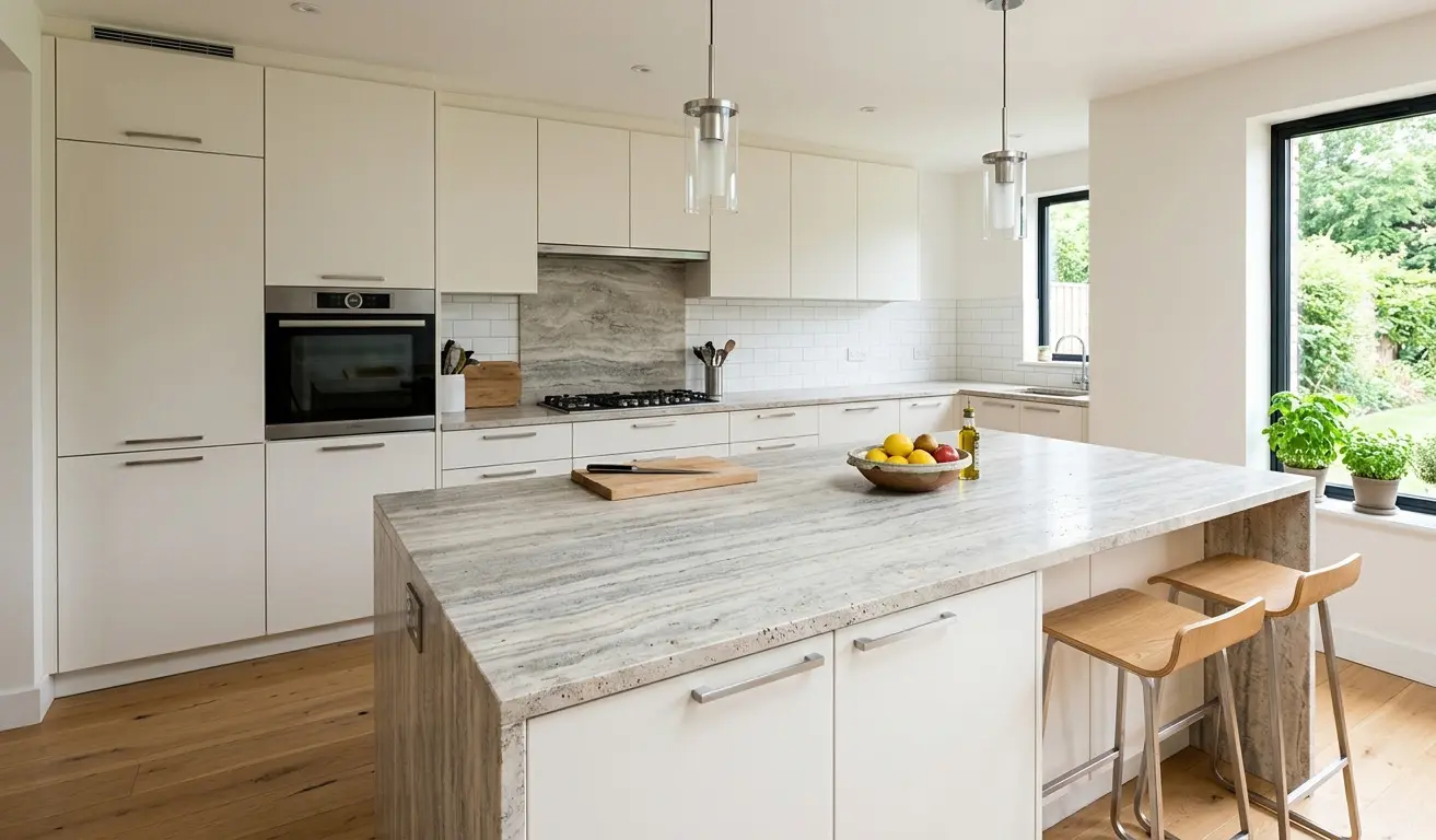 Silver Travertine kitchen island countertop with white flat-panel cabinetry and chrome pendants
