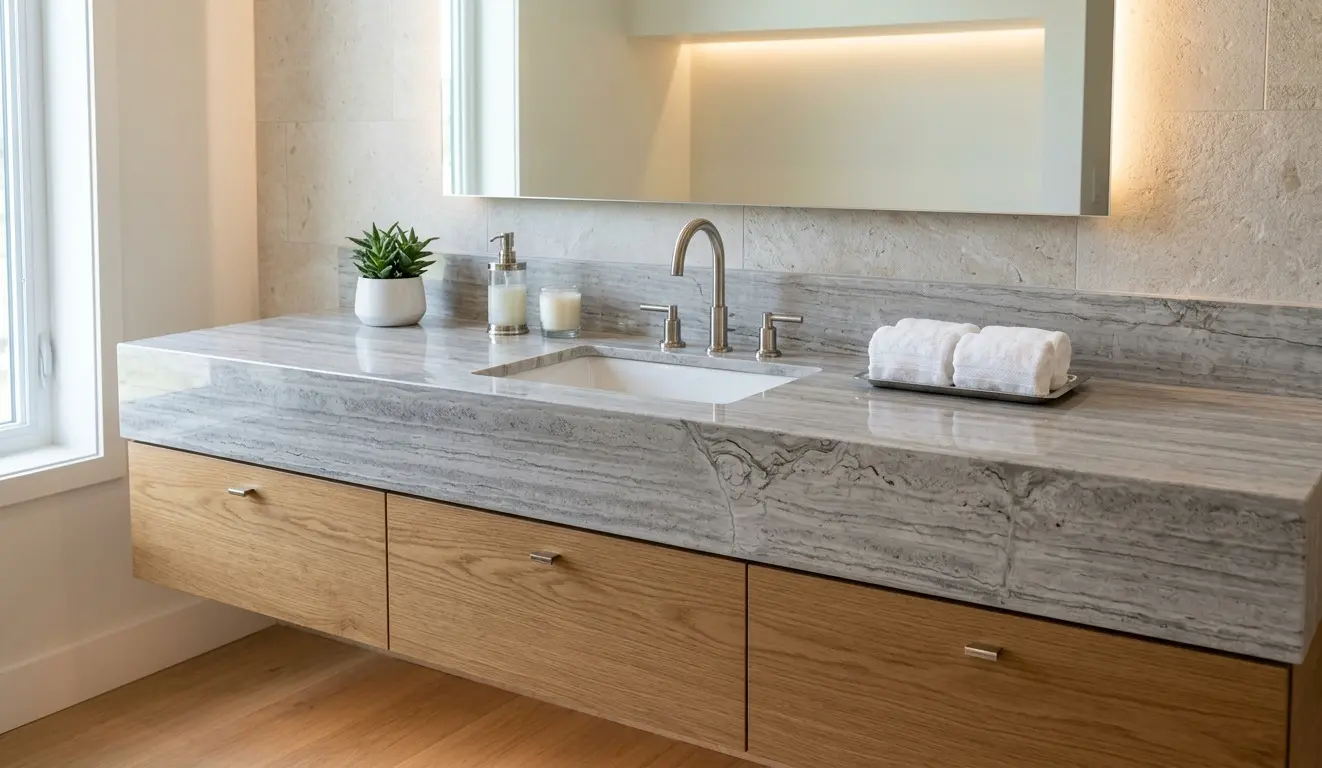 Silver Travertine bathroom vanity with brushed chrome fixtures and oak floating vanity cabinet