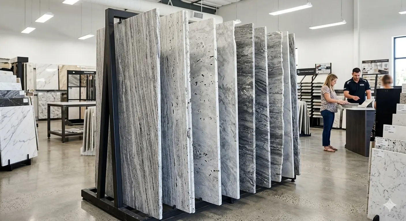 Silver Travertine slabs standing in a natural stone showroom vertical slab display rack