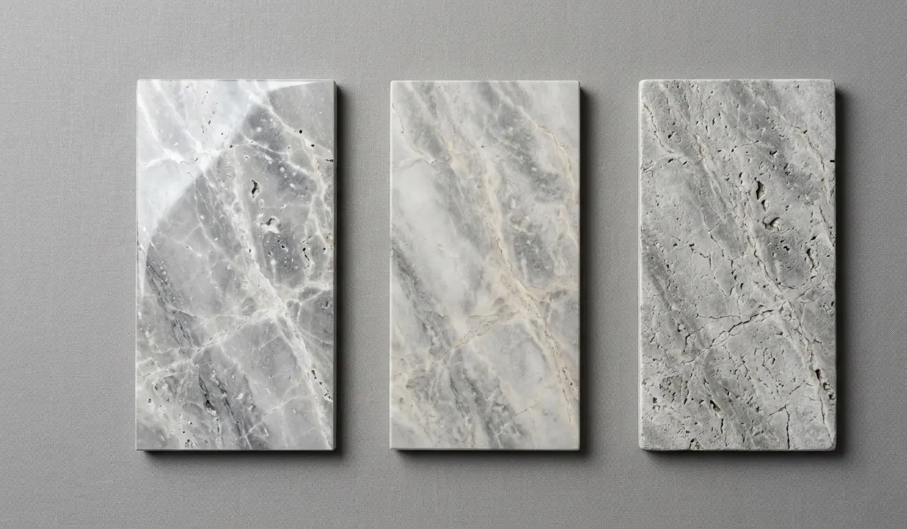 Silver Travertine finish samples polished honed leathered displayed side by side flat lay