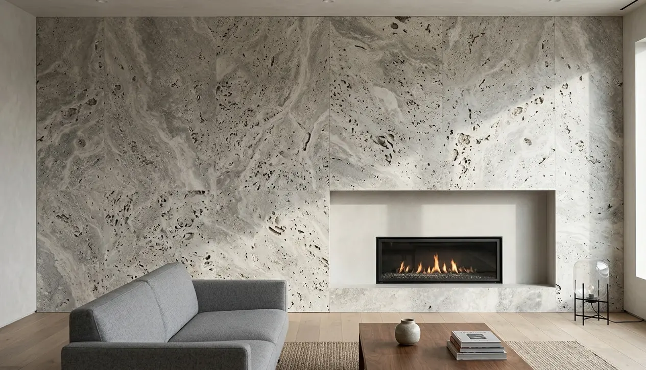Silver Travertine feature wall with organic void pattern behind modern living room fireplace