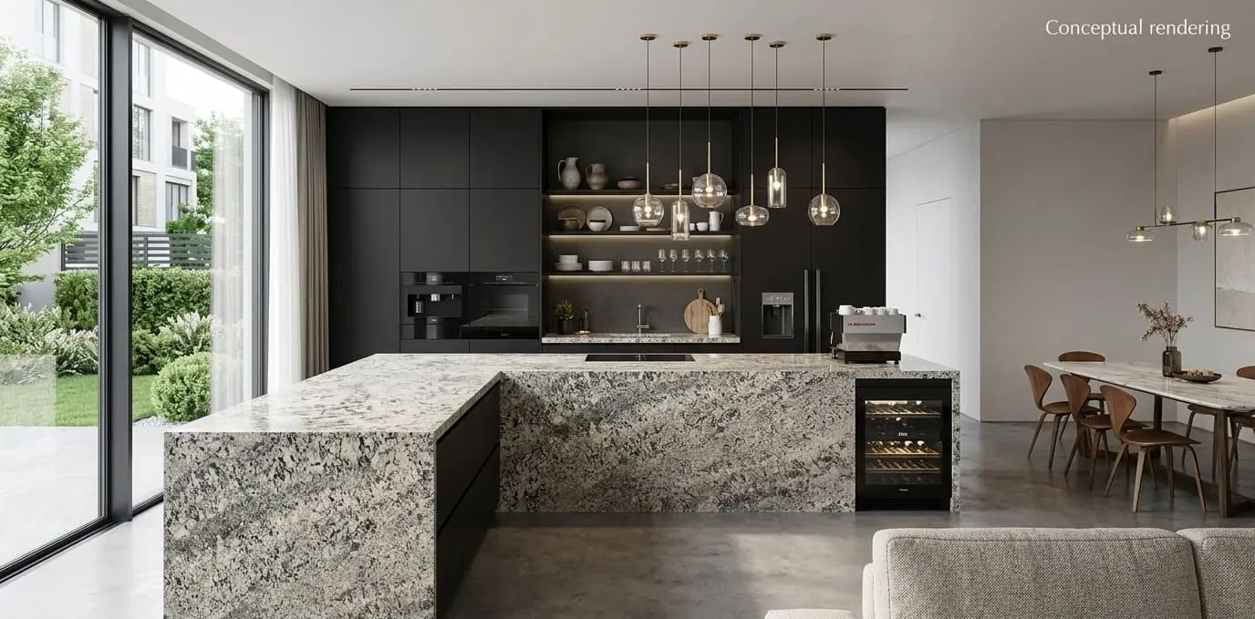 Conceptual rendering of modern kitchen with polished Granite countertops